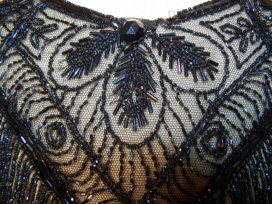 Edwardian Titanic Blue Beaded Bodice Dress Yoke Neck Collar Trim close up