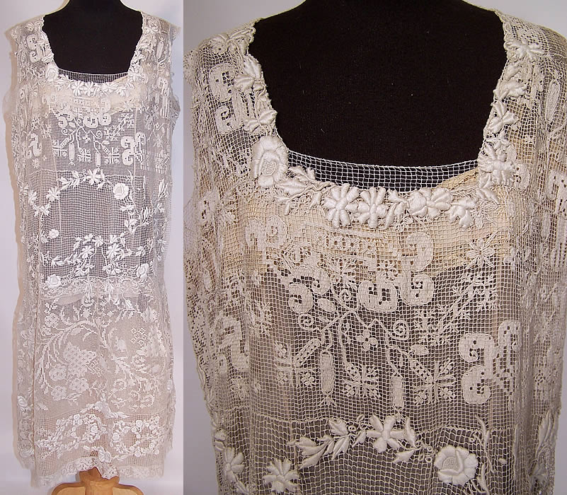 Vintage White Embroidered Net Filet Lace Drop Waist Dress & Silk Slip