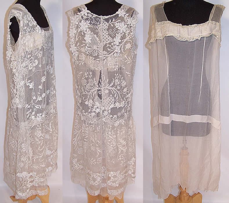Vintage White Embroidered Net Filet Lace Drop Waist Dress & Silk Slip