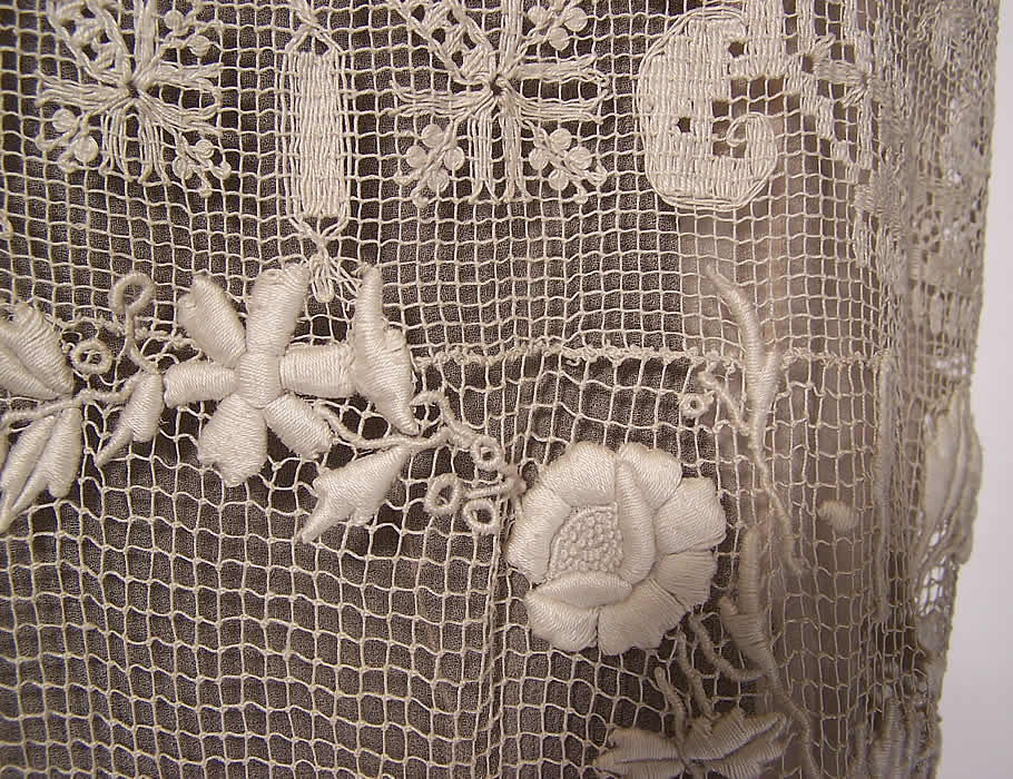 Vintage White Embroidered Net Filet Lace Drop Waist Dress & Silk Slip close up