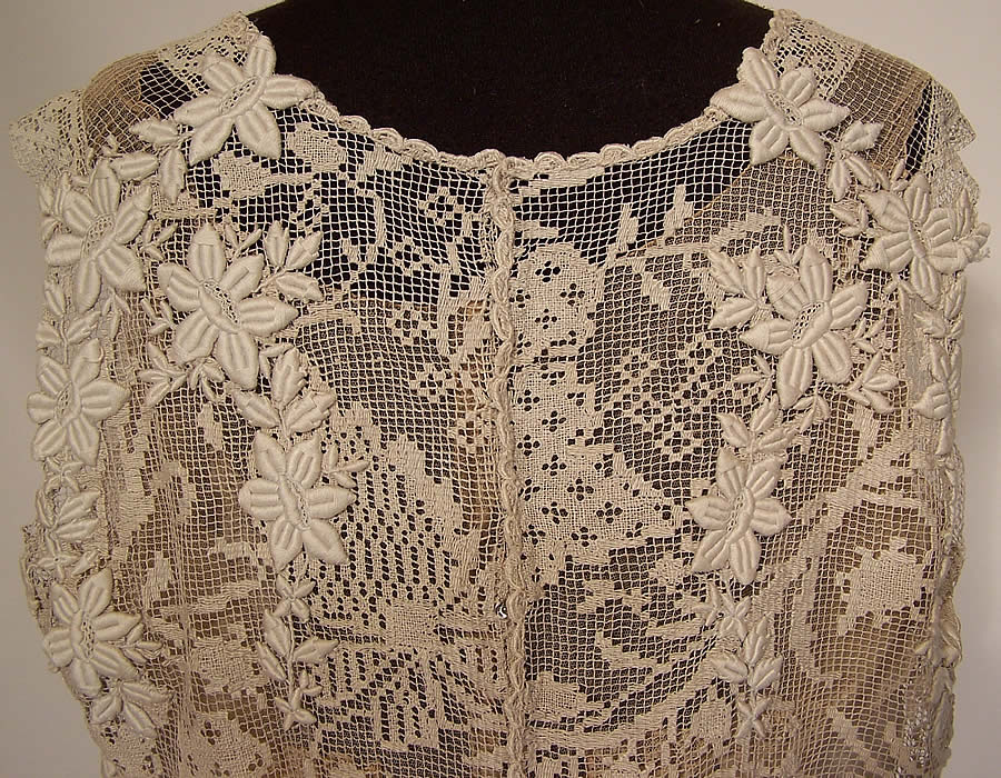 Vintage White Embroidered Net Filet Lace Drop Waist Dress & Silk Slip back