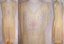 Vintage Yellow Batiste Pastel Smocking Embroidered Drop Waist Belted Peasant Dress