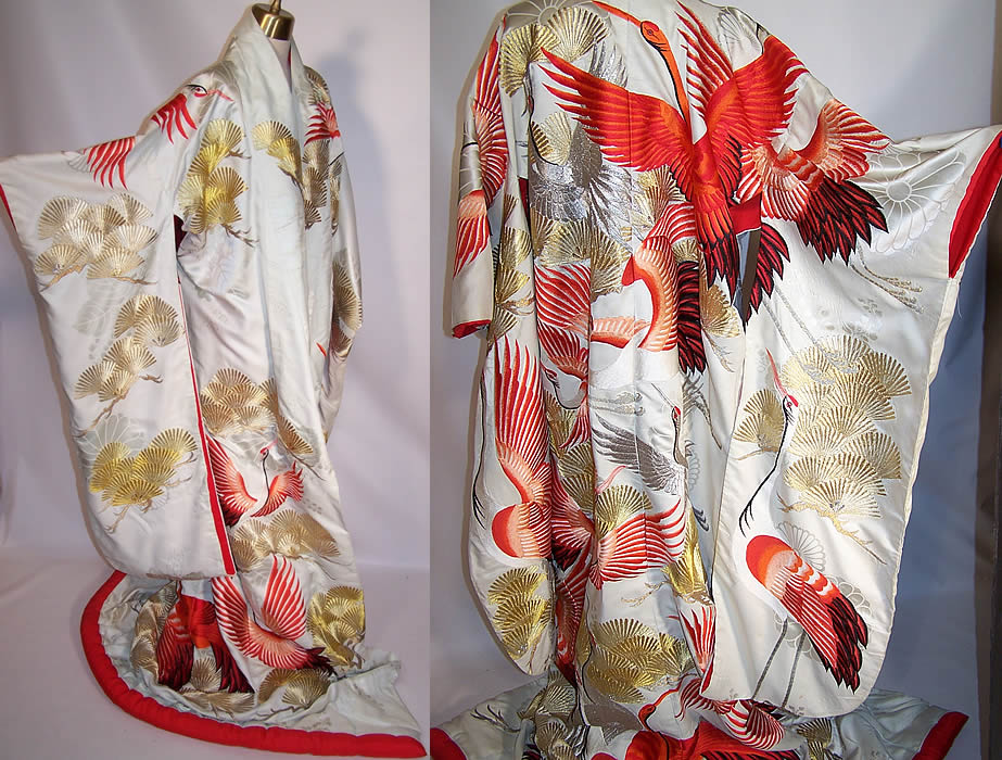 Vintage Japanese Crane Red Silver Gold Embroidered Uchikake Wedding Kimono 