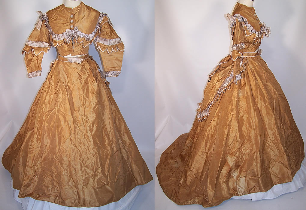 Victorian Golden Taupe Silk Taffeta Hoop Skirt Train Wedding Gown Dress