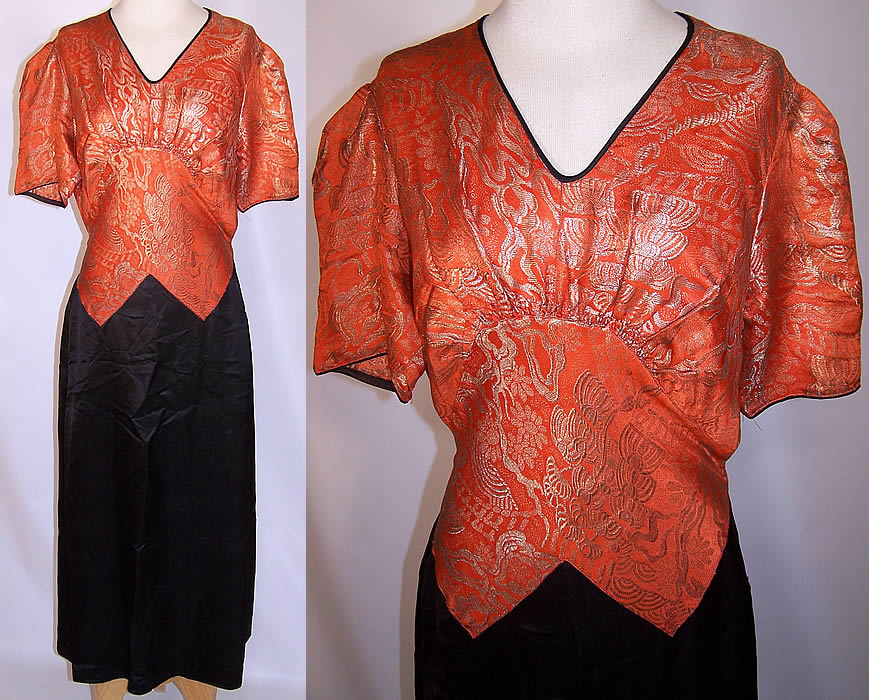 Art Deco Orange Lam&eacute; Gold Metallic Black Silk Bias Cut Belted Dress