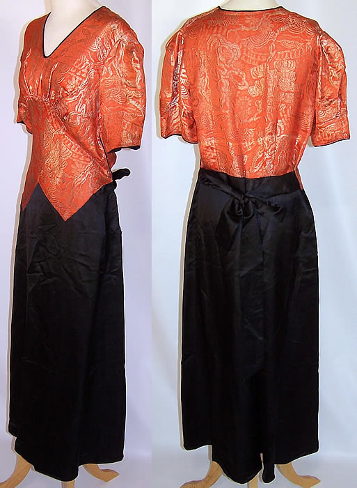 Art Deco Orange Lam&eacute; Gold Metallic Black Silk Bias Cut Belted Dress