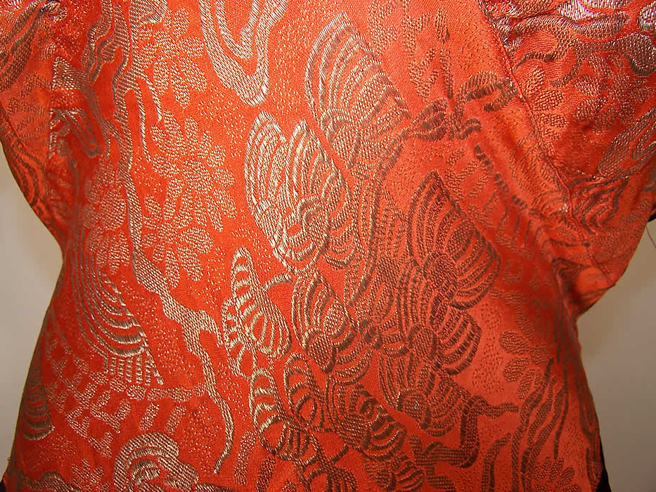 Art Deco Orange Lam&eacute; Gold Metallic Black Silk Bias Cut Belted Dress close up