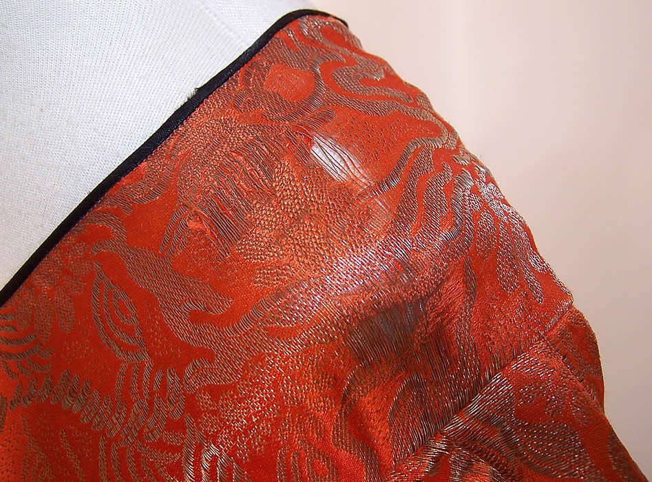 Art Deco Orange Lam&eacute; Gold Metallic Black Silk Bias Cut Belted Dress a tiny fray on one shoulder close-up