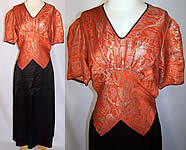 Vintage Art Deco Orange Lam&eacute; Gold Metallic Black Silk Bias Cut Belted Dress