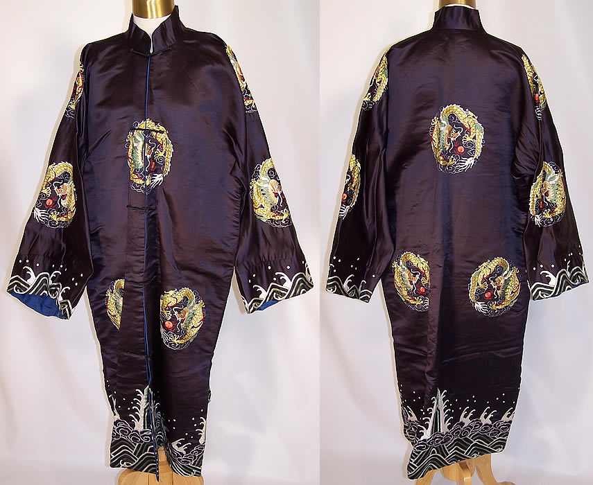 Vintage Chinese Dragon Embroidered Roundel Black Silk Robe Coat