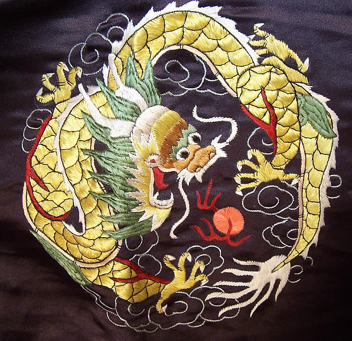 Vintage Chinese Dragon Embroidered Roundel Black Silk Robe Coat close up