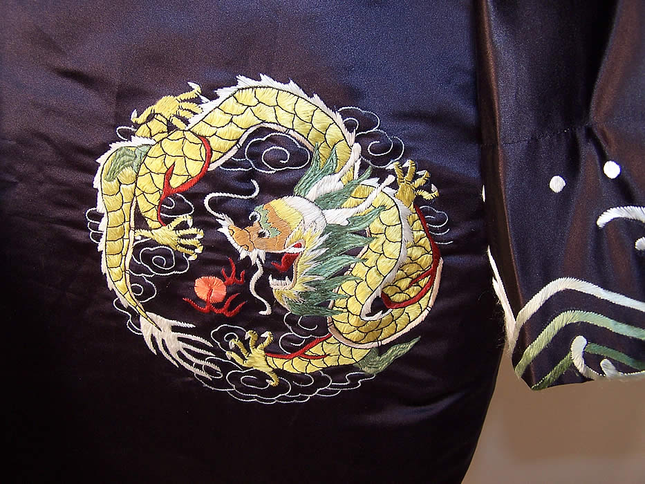 Vintage Chinese Dragon Embroidered Roundel Black Silk Robe Coat close up