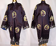 Vintage Antique Chinese Dragon Embroidered Roundel Black Silk Robe Coat 