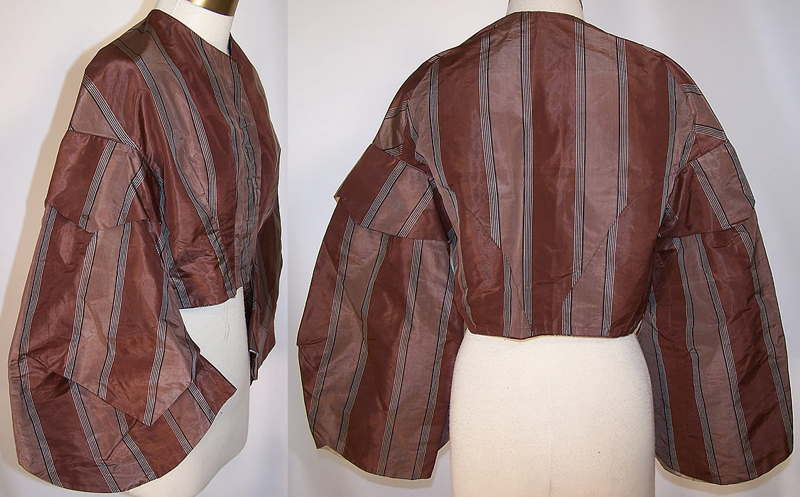 Victorian Civil War Era Brown Silk Moire Stripe Pagoda Sleeve Bodice