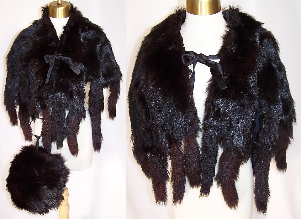 Edwardian Black Fox Fur Tail Stole Shawl Wrap Cape & Winter Muff