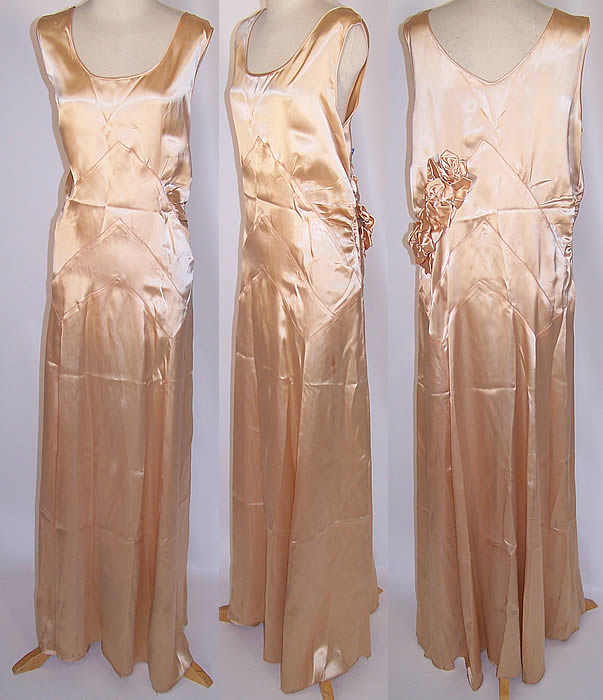 Vintage Cream Silk Satin Rosette Bias Cut Bridal Wedding Gown Dress 
