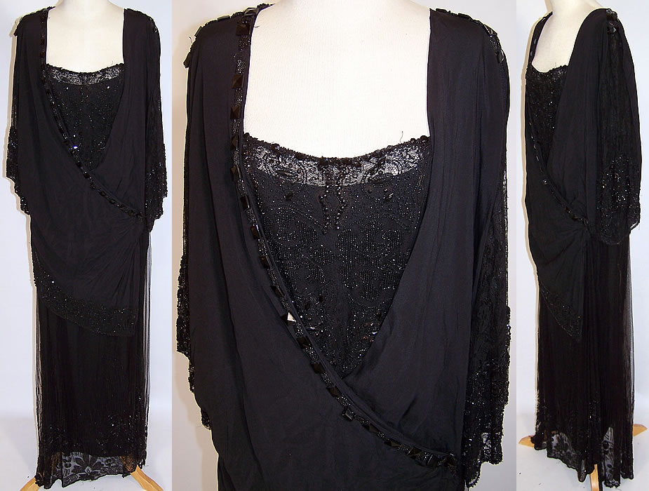 Vintage Art Deco Black Silk Chantilly Lace Beaded Flapper Dress