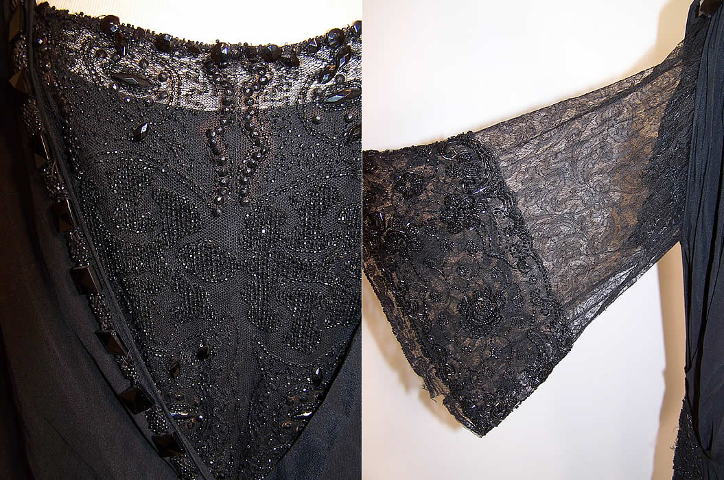 Vintage Art Deco Black Silk Chantilly Lace Beaded Flapper Dress