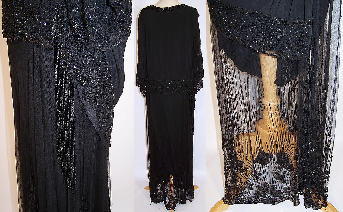 Vintage Art Deco Black Silk Chantilly Lace Beaded Flapper Dress