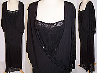 Vintage Art Deco Black Silk Chantilly Lace Beaded Flapper Dress