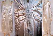 Vintage 1920s White Silk Beaded Bobbin Lace Wedding Dress Watteau Train Gown