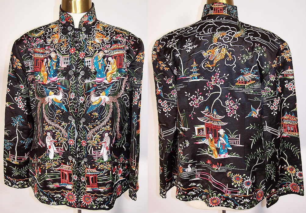 Vintage Chinese Figural Pheasant Dragon Silk Embroidered Jacket Coat
