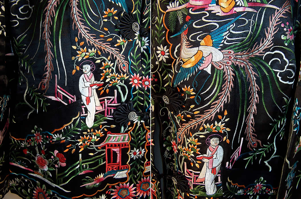 Vintage Chinese Figural Pheasant Dragon Silk Embroidered Jacket Coat