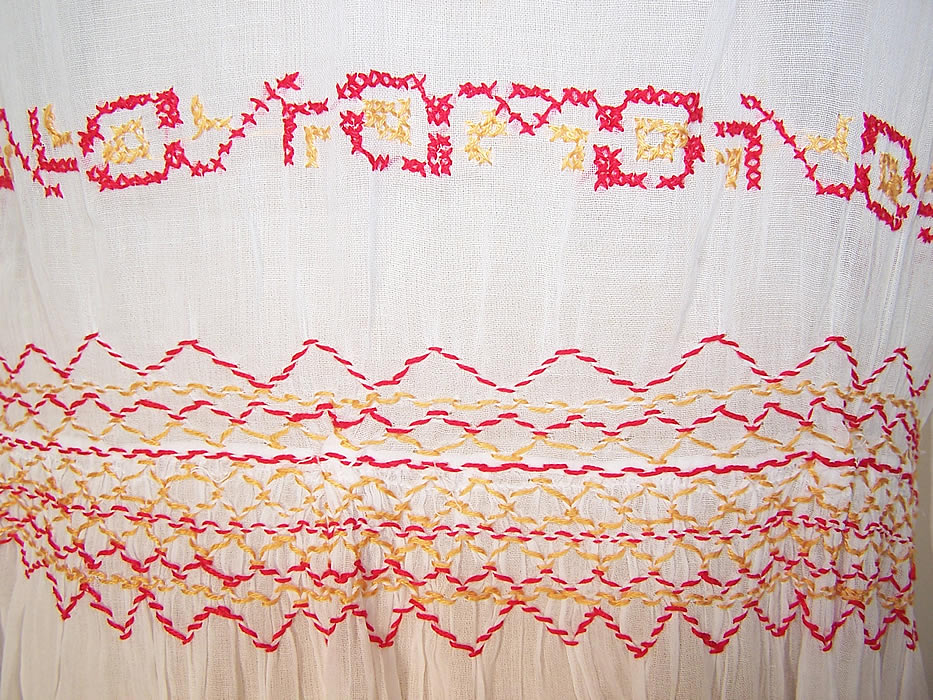 Vintage White Batiste Red & Yellow Smocking Embroidered Drop Waist Peasant Dress