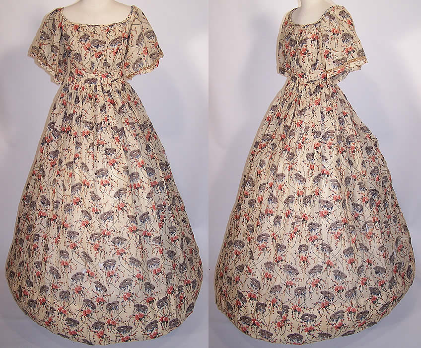 Victorian Floral Cherry Blossom Print Wool Challis Hoop Skirt Dress