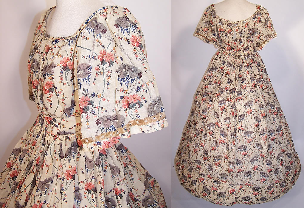 Victorian Floral Cherry Blossom Print Wool Challis Hoop Skirt Dress