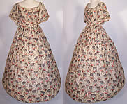 1850s Victorian Floral Cherry Blossom Print Wool Challis Hoop Skirt Dress