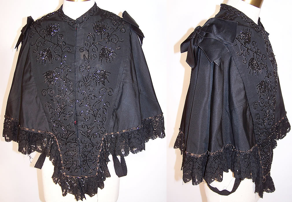 Victorian Black Lace Jet Beaded Mourning Mantle Cape Dolman Capelet
