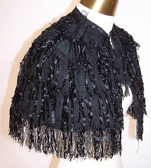 Victorian Black Silk Chenille Fringe Short Cropped Cloak Cape Capelet side view.