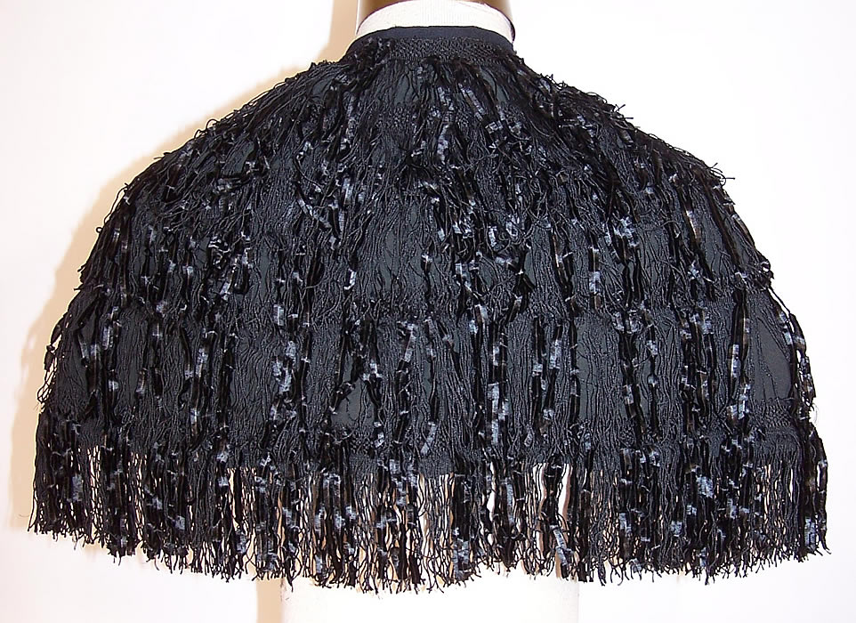 Victorian Black Silk Chenille Fringe Short Cropped Cloak Cape Capelet back view.