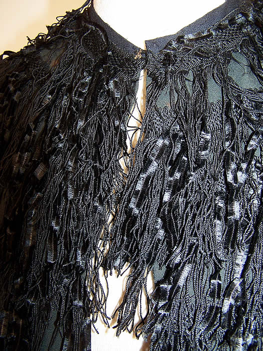 Victorian Black Silk Chenille Fringe Short Cropped Cloak Cape Capelet close up.