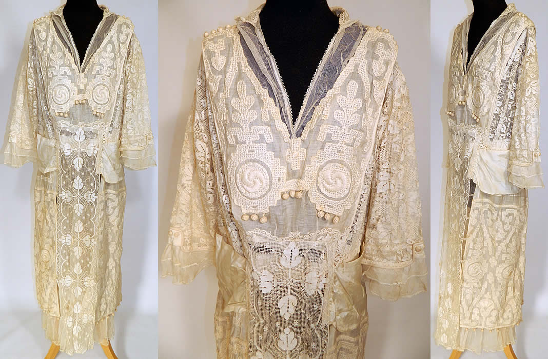 Vintage Cream Net Filet Lace Embroidered Drop Waist Wedding Dress