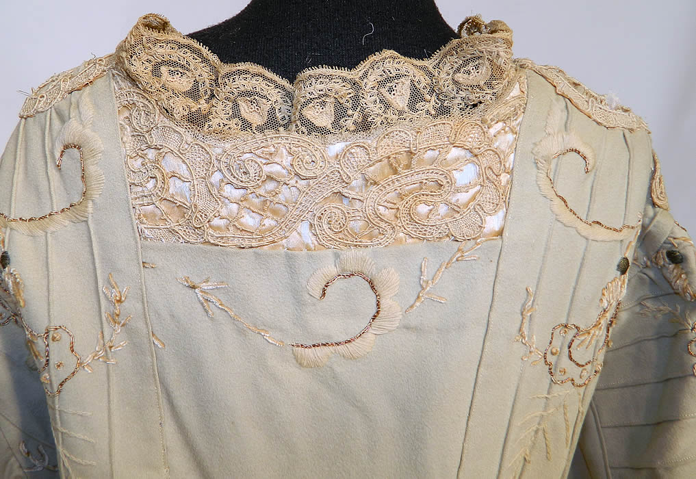 Edwardian Titanic Ecru Wool Chenille Gold Embroidered Lace Trim Dress