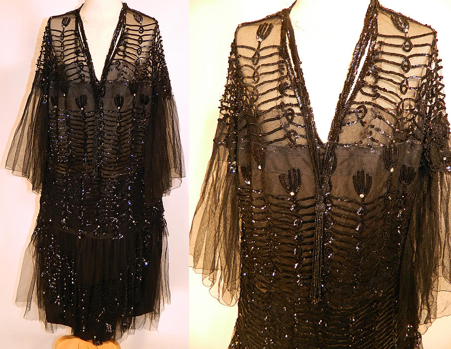 Vintage Black Net Sequin Rhinestone Beaded Flapper Drop Waist Dress