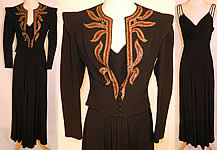 Vintage Black Silk Crepe Evening Gown & Pink Sequin Beaded Gold Trim Jacket