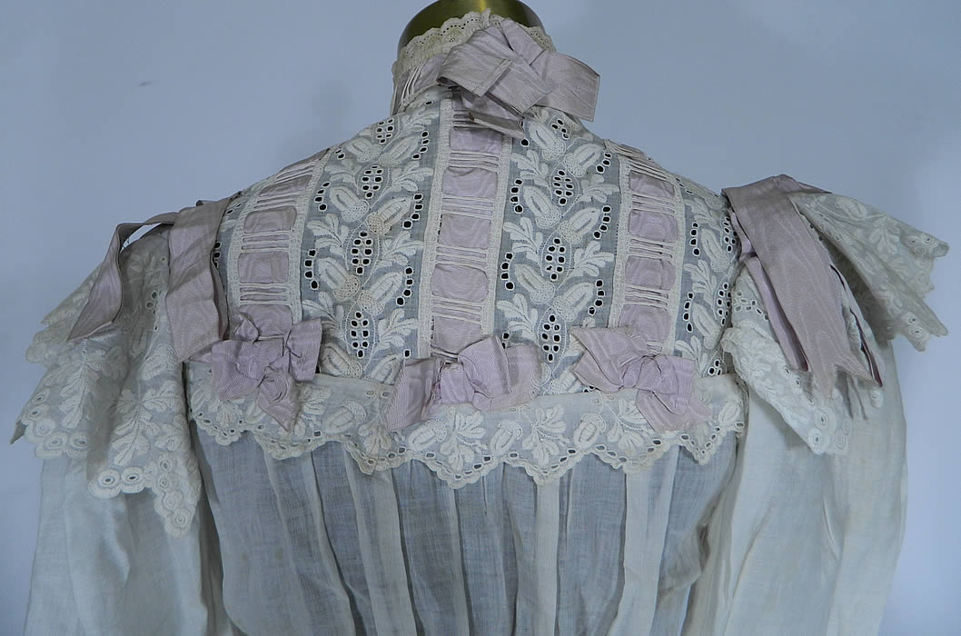 Victorian White Batiste Acorn Embroidered Lace Blouse Skirt Morning Dress