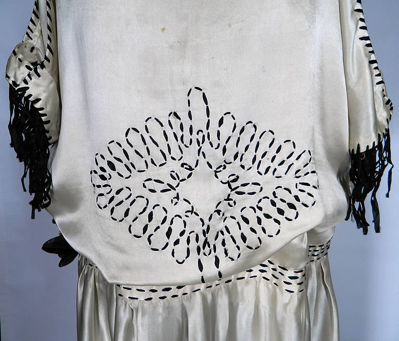 Vintage Art Deco White Silk Black Embroidered Fringe Drop Waist Flapper Dress
