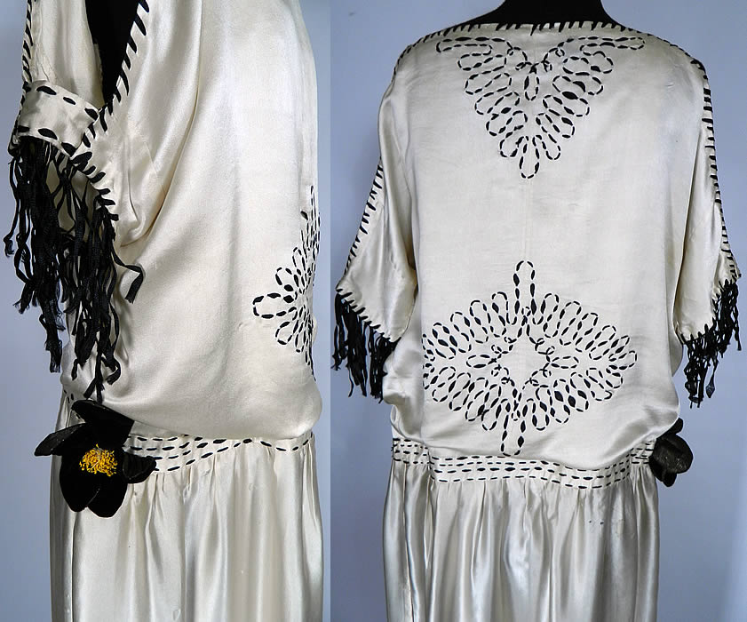 Vintage Art Deco White Silk Black Embroidered Fringe Drop Waist Flapper Dress