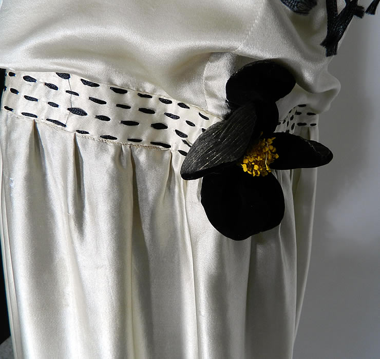 Vintage Art Deco White Silk Black Embroidered Fringe Drop Waist Flapper Dress close up.