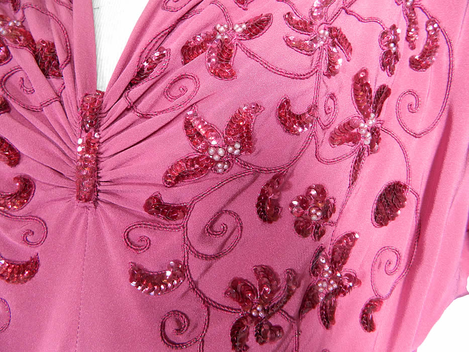 Vintage DuBarry Raspberry Rose Silk Crepe Sequin Beaded Belted Evening Gown Dress close up
