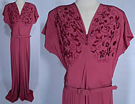 Vintage DuBarry Raspberry Rose Silk Crepe Sequin Beaded Belted Evening Gown Dress