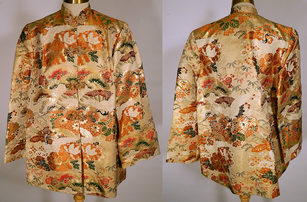 Vintage Maui Sportswear Hawaii Japanese Crane Gold Silk Lam&eacute; Obi Jacket 