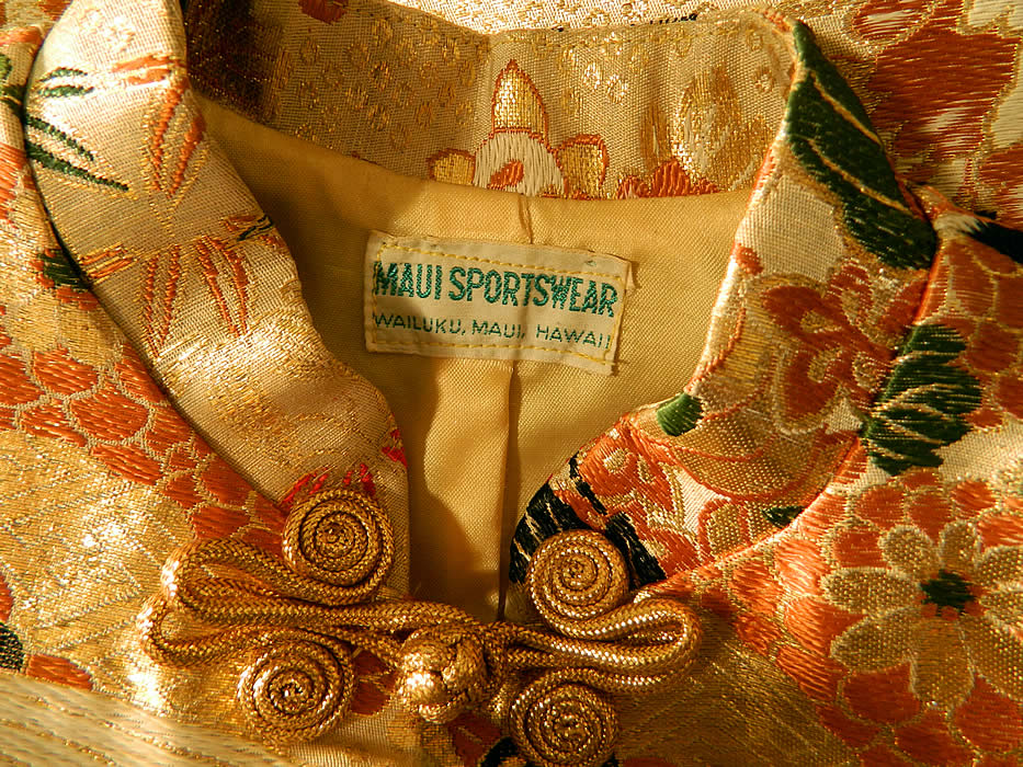 Vintage Maui Sportswear Hawaii Japanese Crane Gold Silk Lam&eacute; Obi Jacket  label close up.