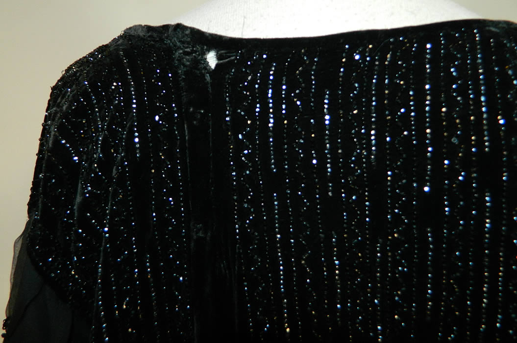 Art Deco Black Velvet Jet Beaded Drop Waist Tunic Flapper Dress