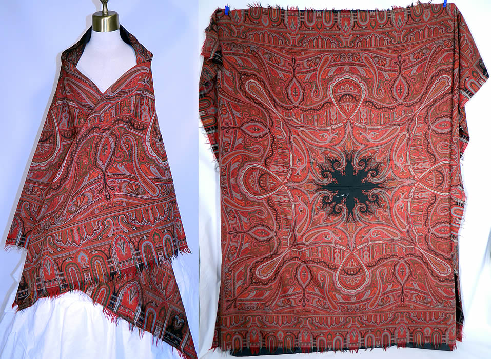 Victorian Antique Jacquard Hand Loom Wool Black Star Center Signed Paisley Shawl