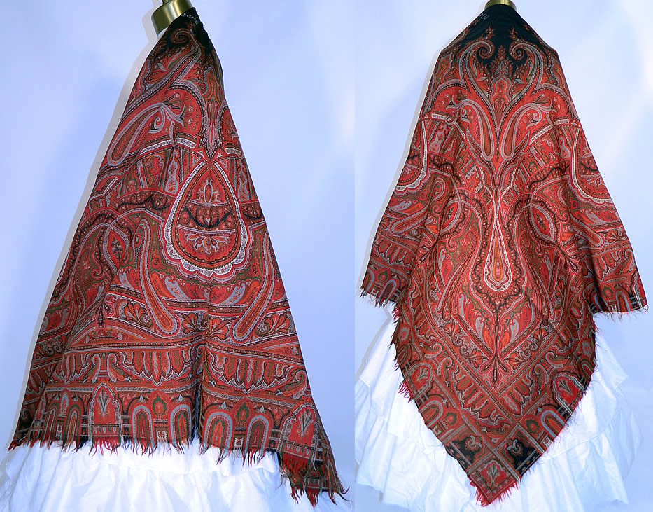 Victorian Antique Jacquard Hand Loom Wool Black Star Center Signed Paisley Shawl